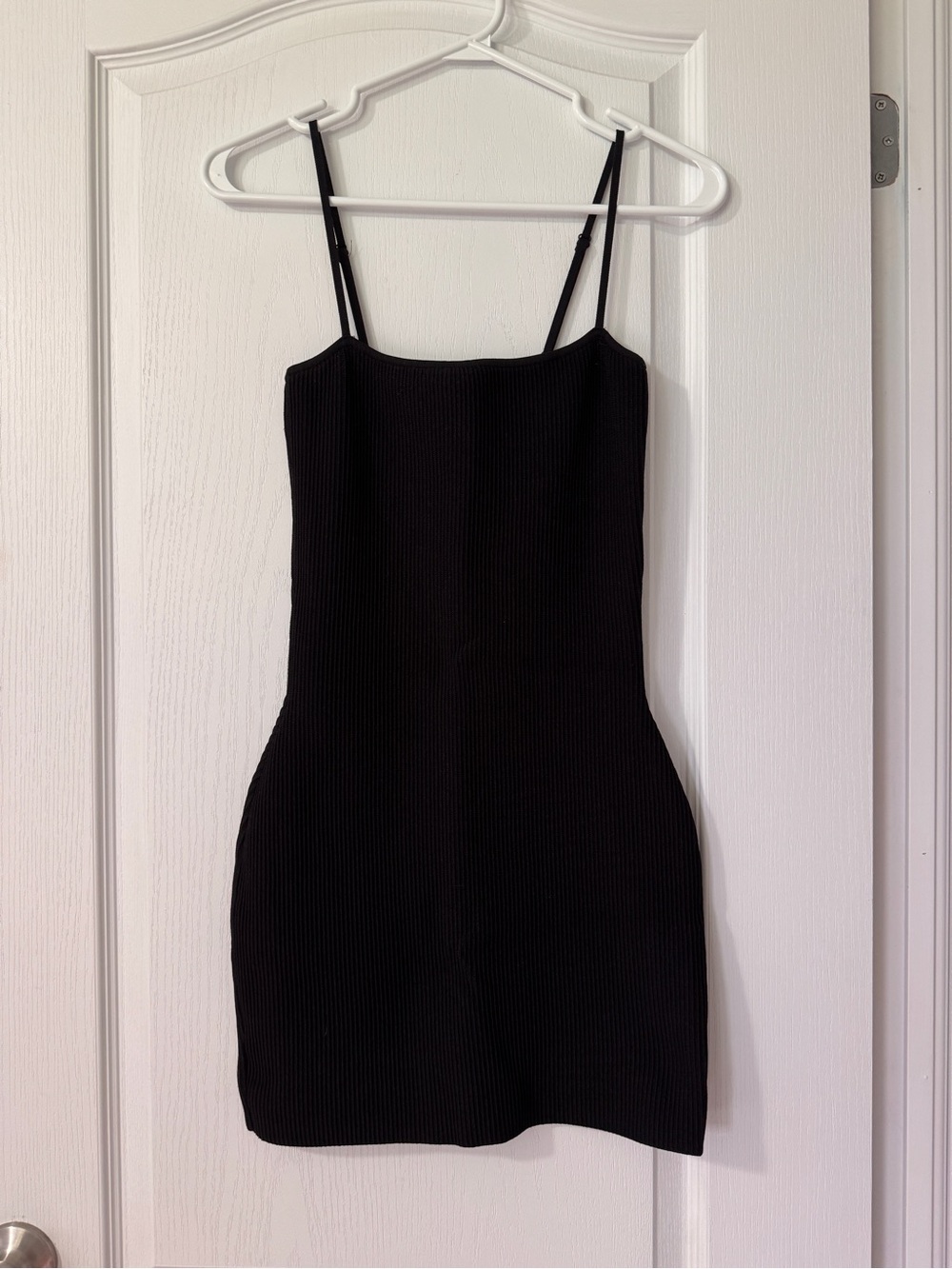 Babaton Black Ribbed Mini Slip Dress with Adjustable Straps